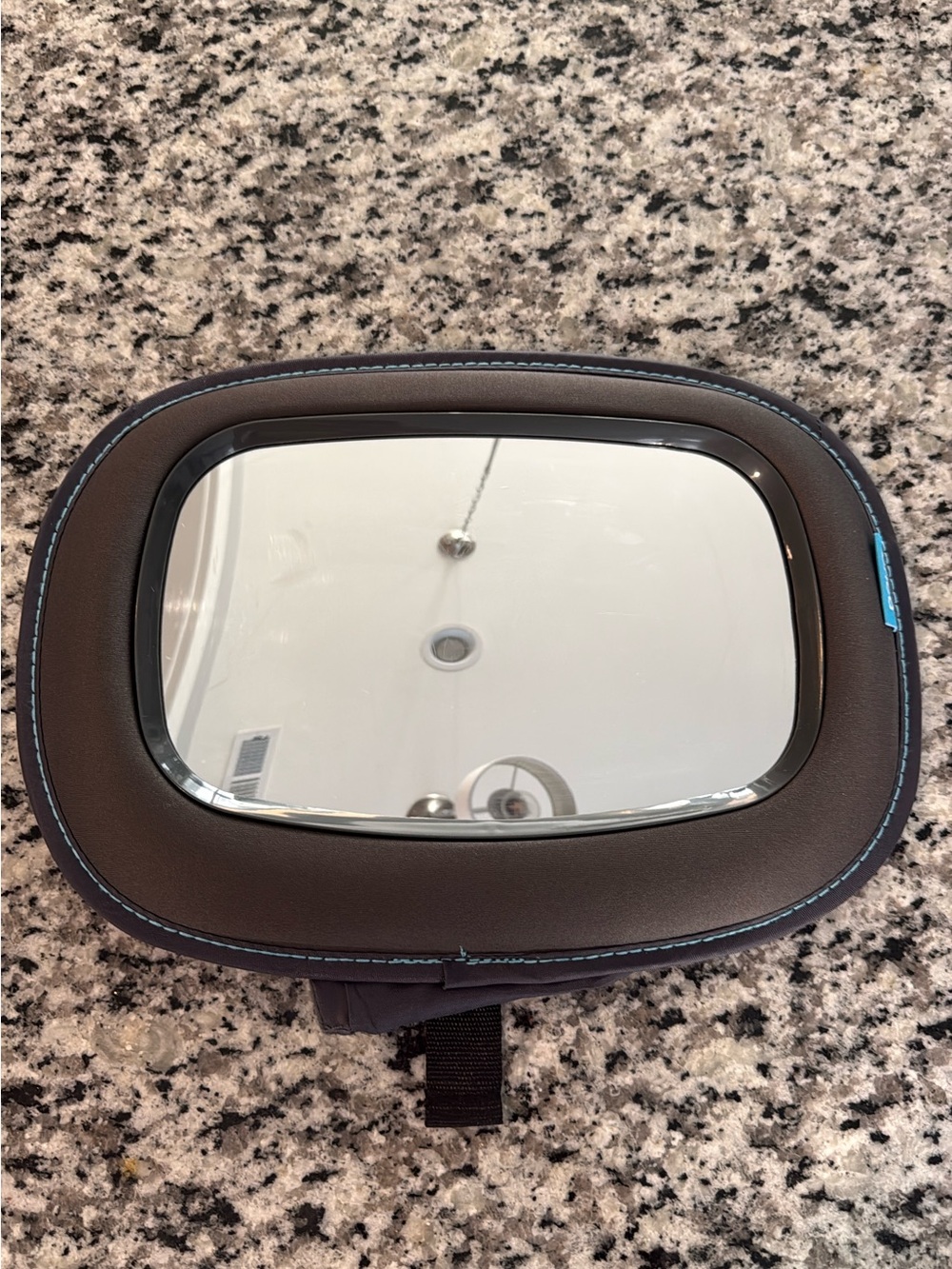 Child Car Seat Back Mirror with Charcoal Grey Frame and Blue Stitching
